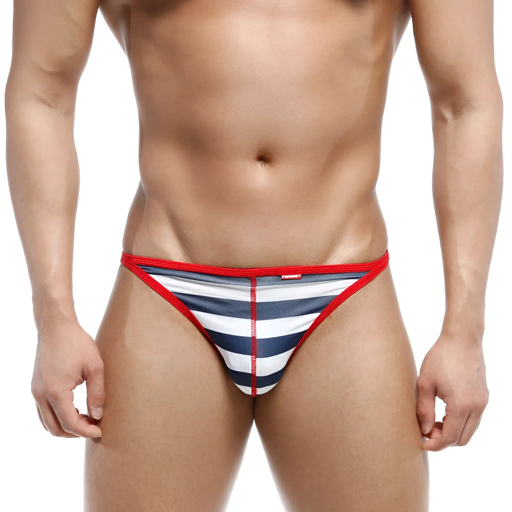 MetroMaleWear freedom thong marine blue red white and navy striped briefs with red elastic waistband front view