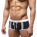 MetroMaleWear Fresco swim trunk black with white stripes and matching drawstring waistband for men’s swimwear