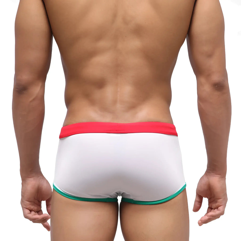 White briefs swim trunk by metromalewear fresco italy with red waistband and green trim for casual beachwear