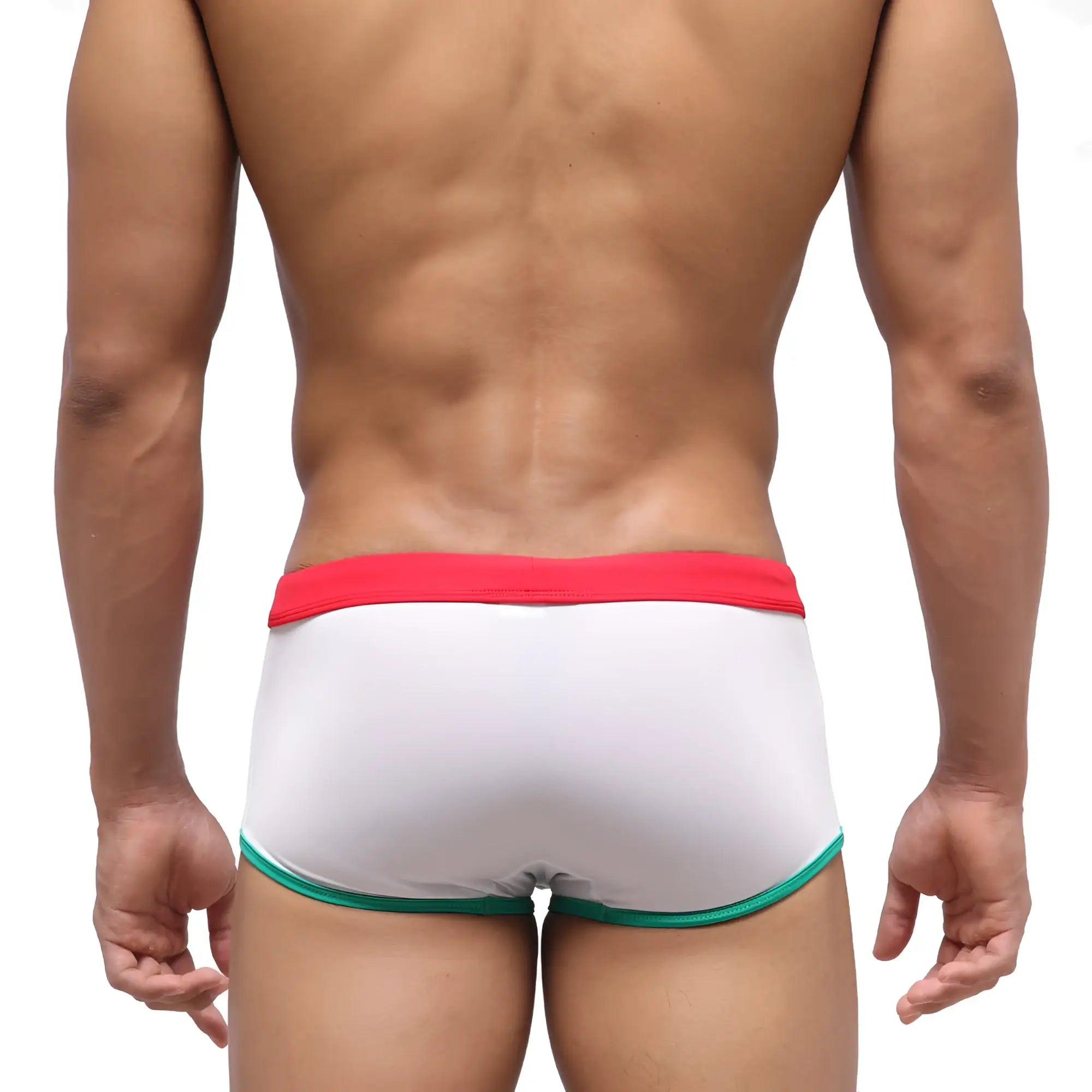 White briefs swim trunk by metromalewear fresco italy with red waistband and green trim for casual beachwear