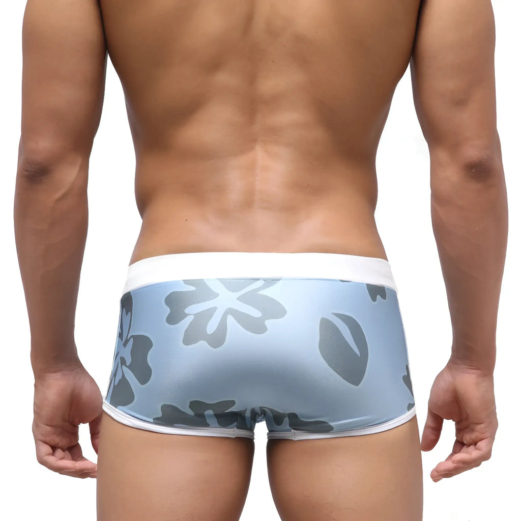 Light blue briefs with gray floral pattern and white trim from MetroMaleWear Fresco swim trunk natural 4944-52 collection