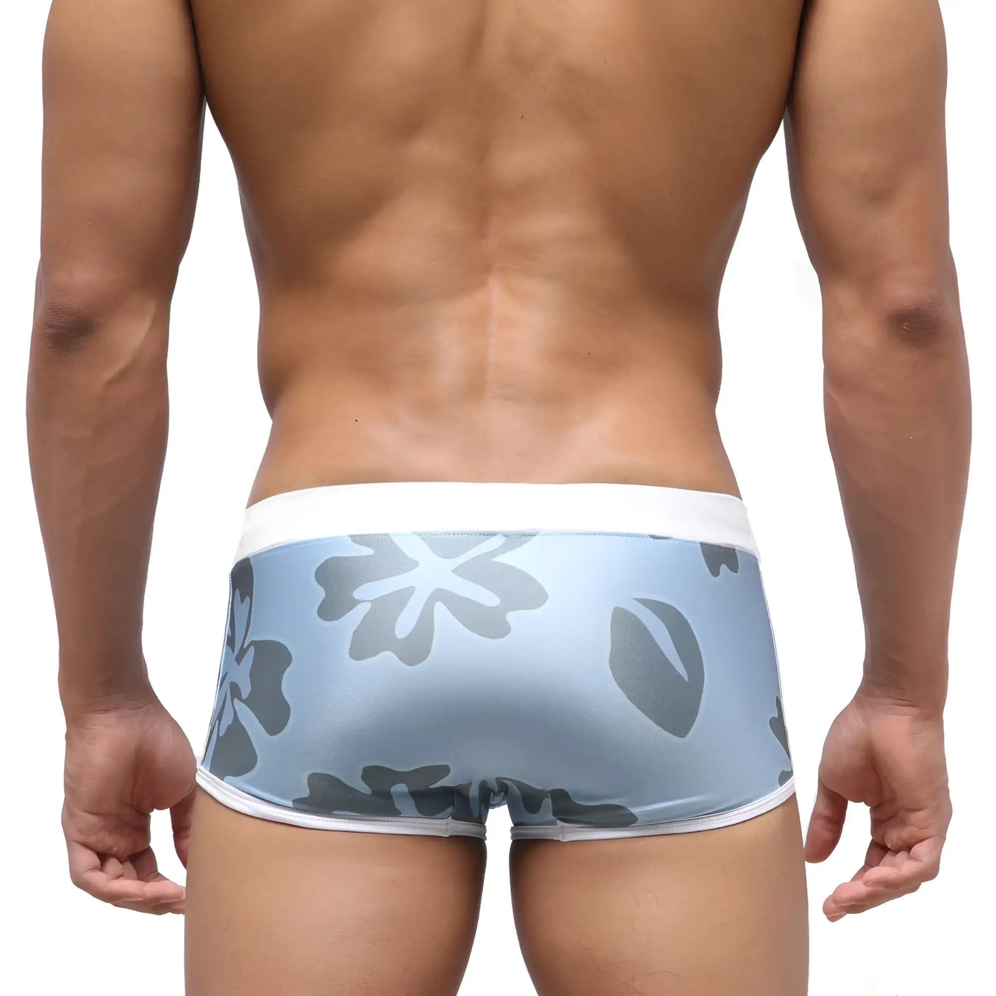 Light blue briefs with gray floral pattern and white trim from MetroMaleWear Fresco swim trunk natural 4944-52 collection
