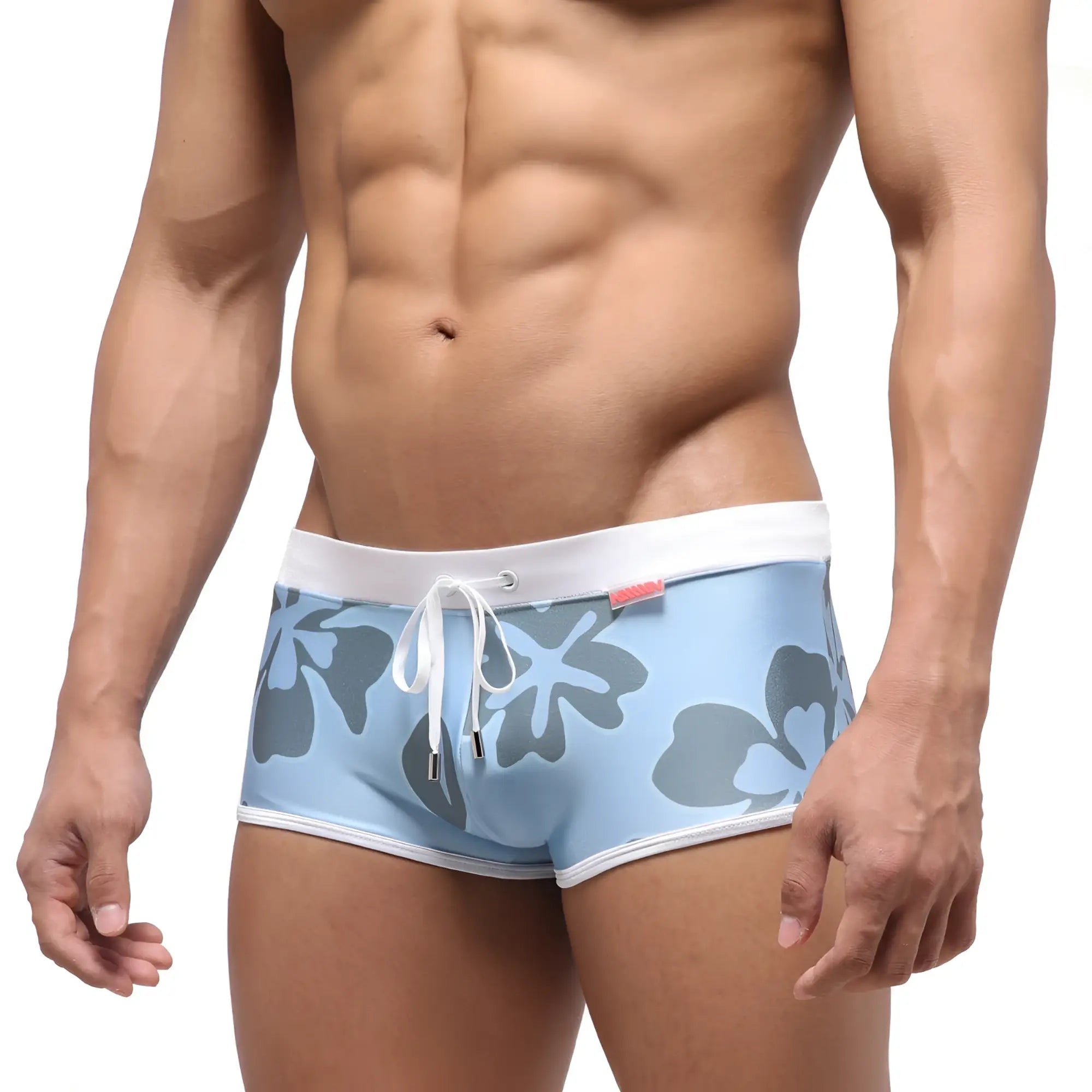 Light blue MetroMaleWear Fresco swim trunk with gray floral pattern white trim and drawstring waistband natural 4944-52