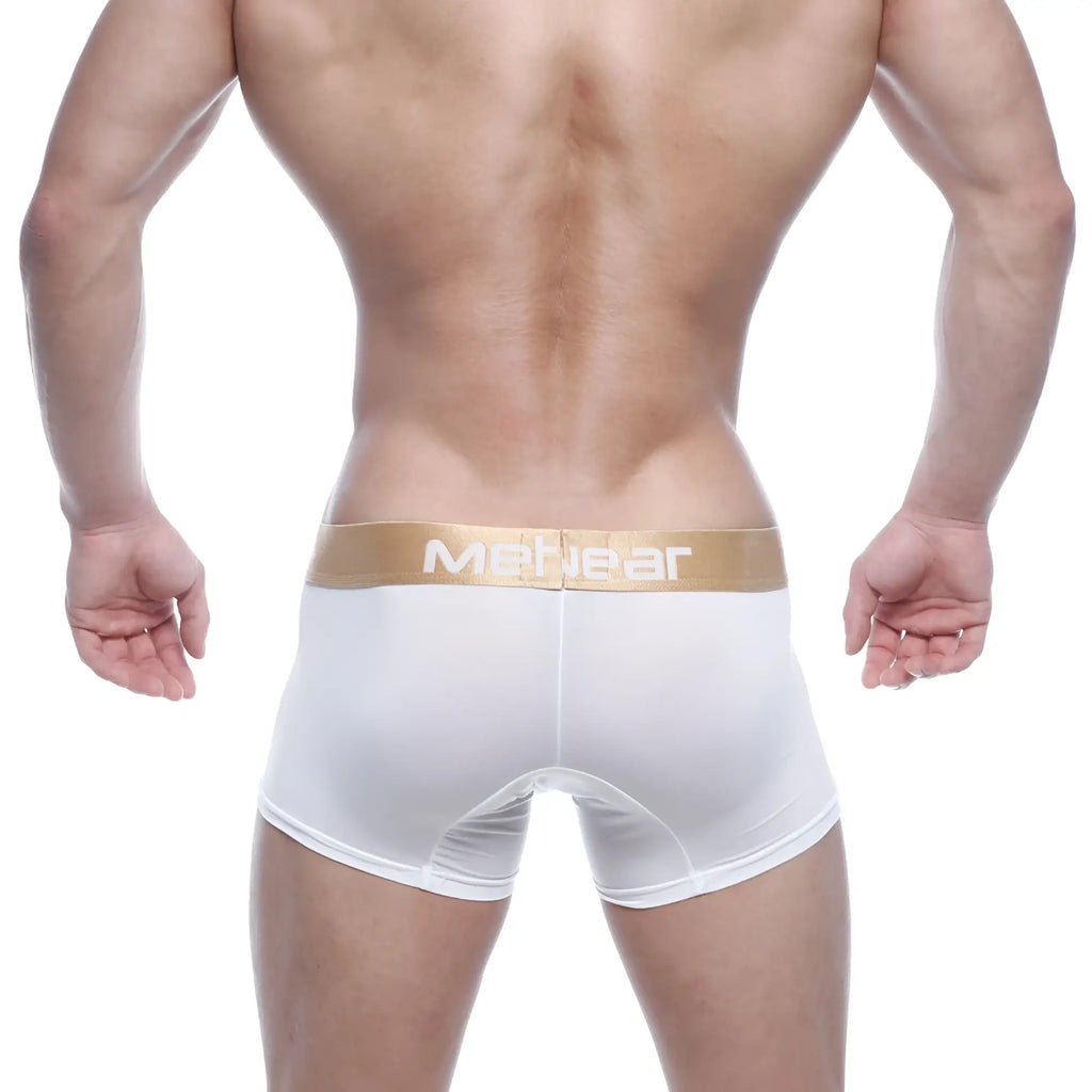 White men’s briefs with a gold waistband featuring the menwear logo from metromalewear fresh short boxer 7 inch 2022 01