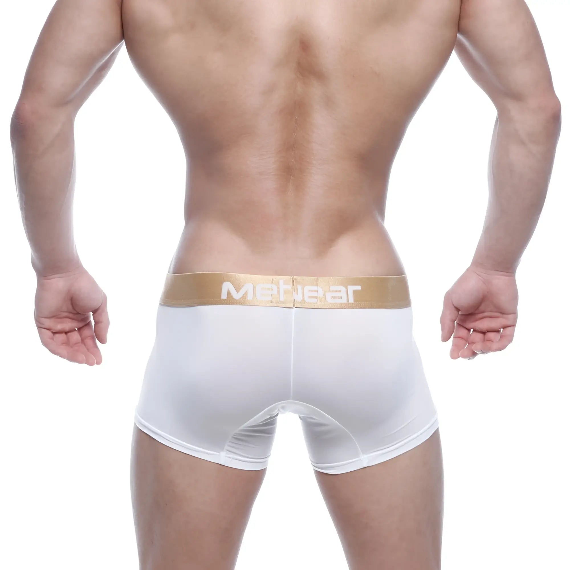 White men’s briefs with a gold waistband featuring the menwear logo from metromalewear fresh short boxer 7 inch 2022 01