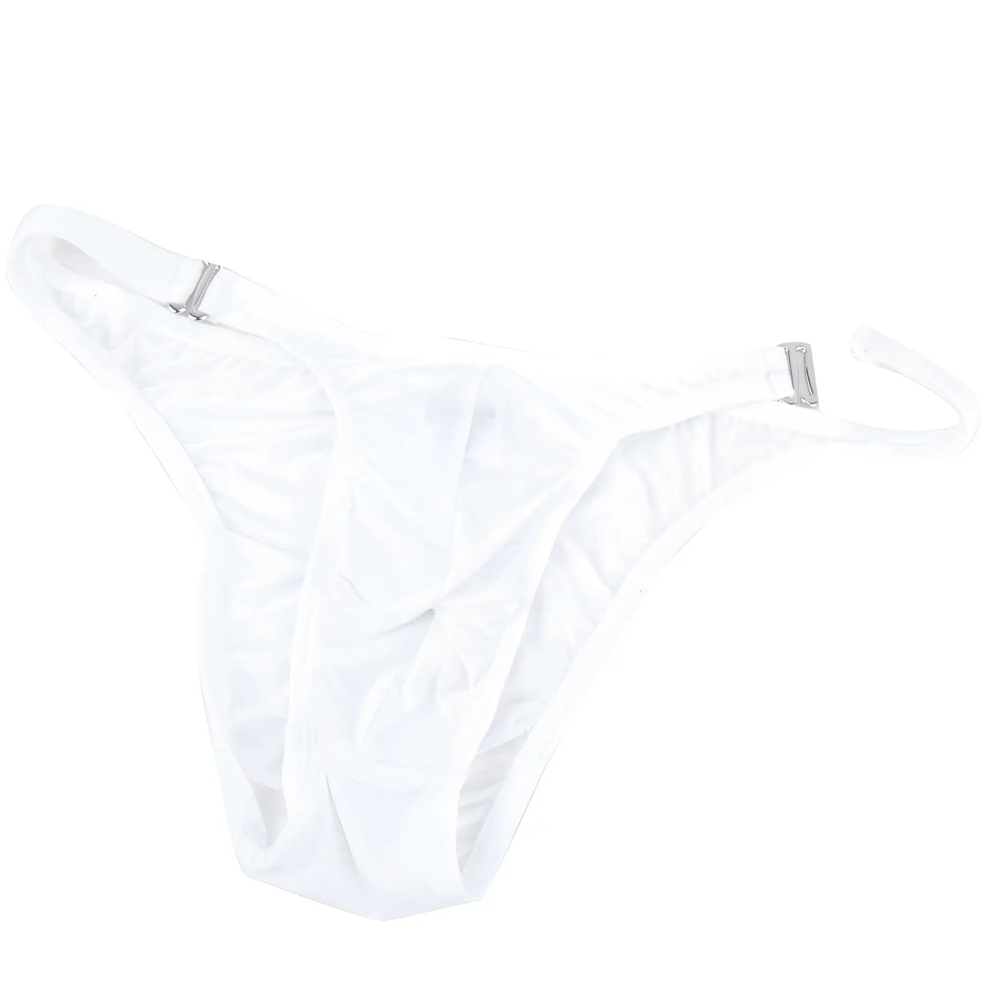 MetroMalewear fria thong white made of smooth stretchy fabric with silver metal clasps at the sides