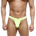 Bright neon green metro male wear fria thong with a red and white brand tag at the waistband front view