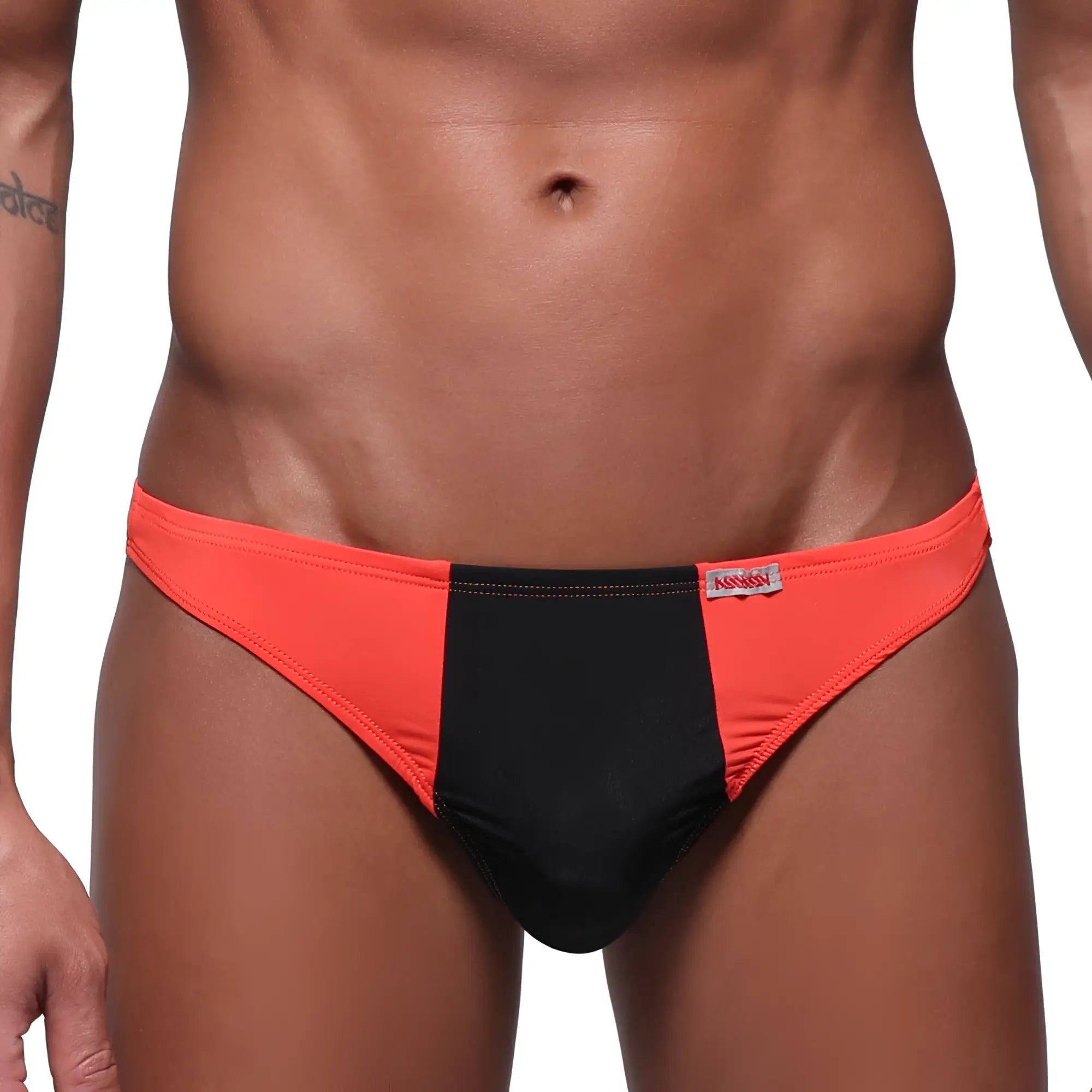 MetroMaleWear fun g coral 6202-14 orange and black two-tone briefs with red brand tag on the waistband
