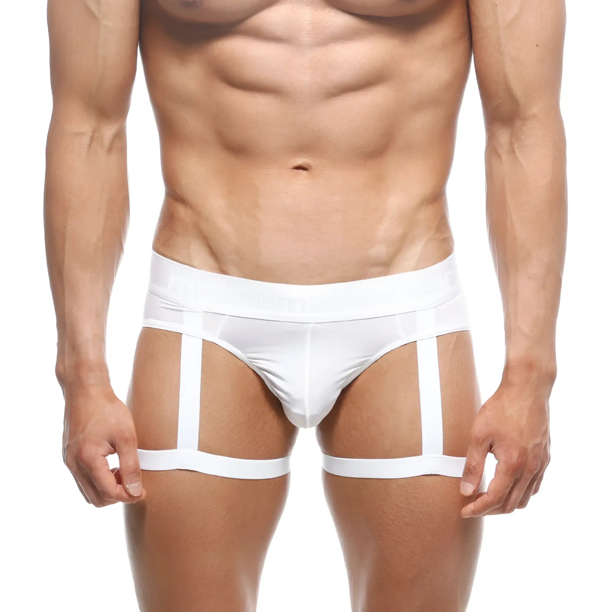 Metro male wear garter hip brief white 5103-22 with sheer mesh panel and three vertical straps for minimalist style