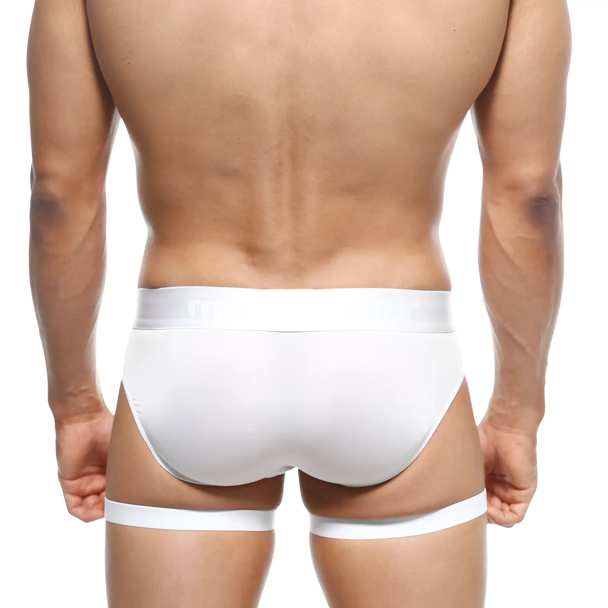 MetroMaleWear garter hip brief white smooth form-fitting white briefs with matching leg bands front view