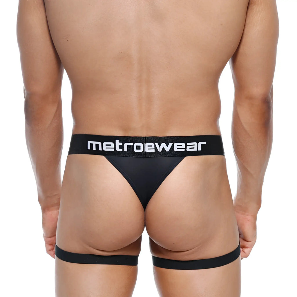 Black metrowear garter thong with wide waistband and leg straps showing front details for metroamalewear 2912-21