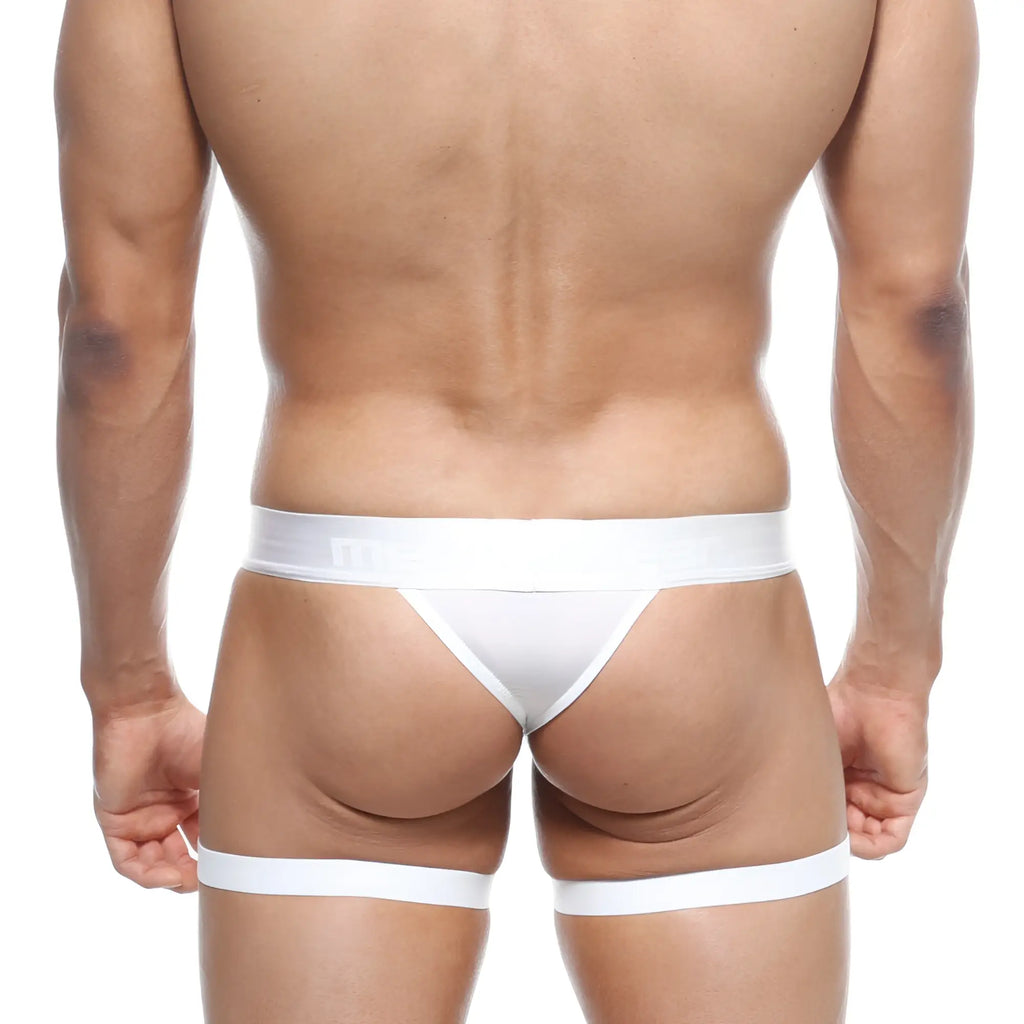 White thong briefs with matching leg straps by MetroMaleWear garter thong white 2912-22 showing front side
