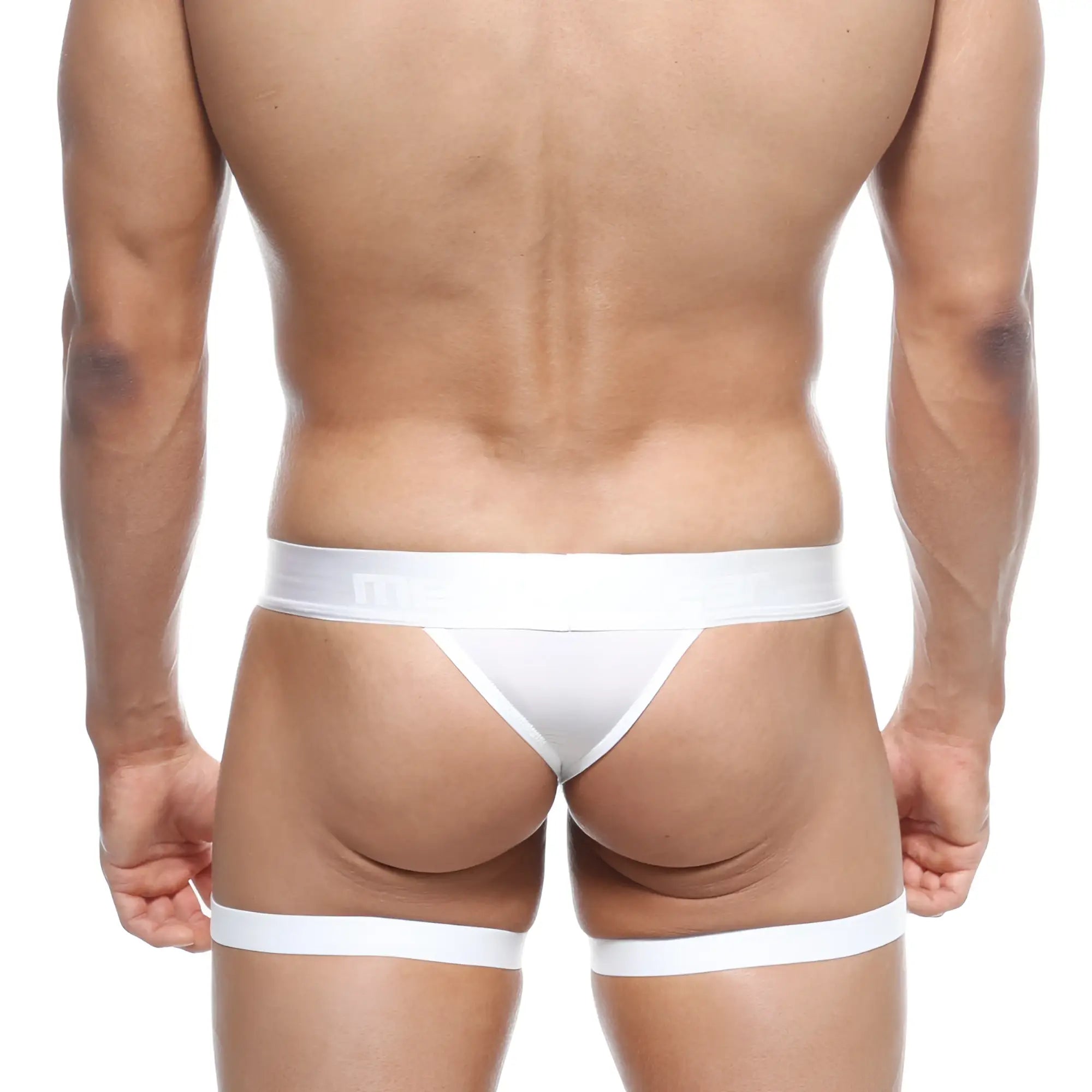 White thong briefs with matching leg straps by MetroMaleWear garter thong white 2912-22 showing front side
