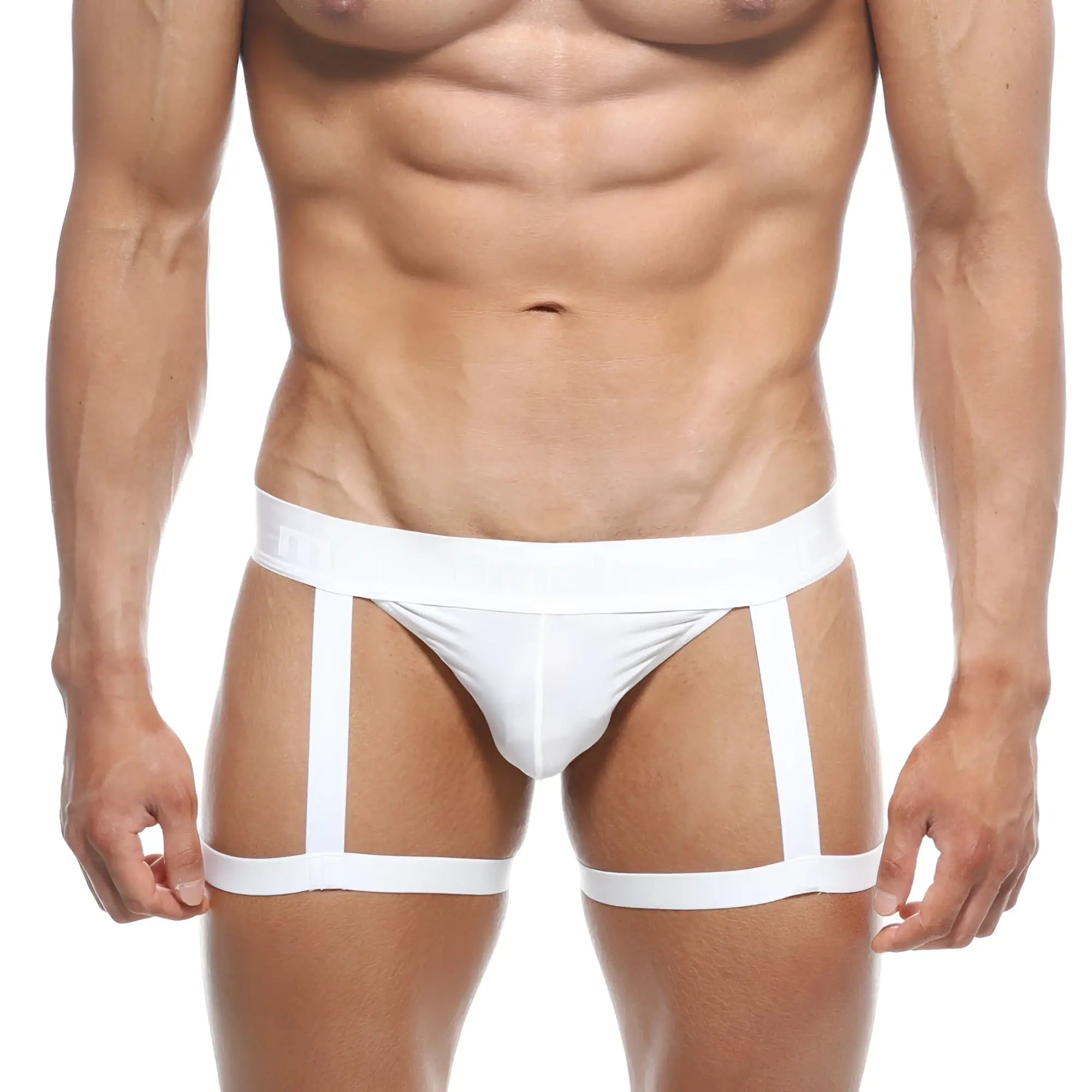 White minimalist metroMalewear garter thong briefs with supportive design and three vertical straps for structure
