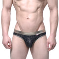 MetroMaleWear gloss bikini gold 2803-50 black leopard print mesh briefs with metallic gold waistband front view