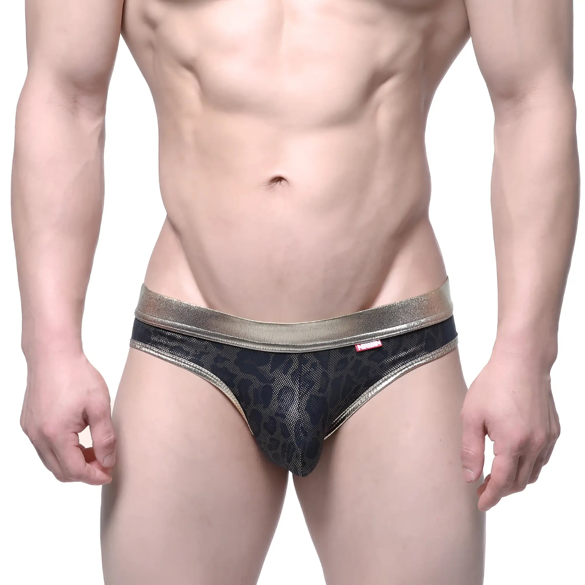 MetroMaleWear gloss bikini gold 2803-50 black leopard print mesh briefs with metallic gold waistband front view