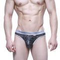 MetroMaleWear gloss bikini silver men’s briefs with black and silver pattern and shimmering waistband