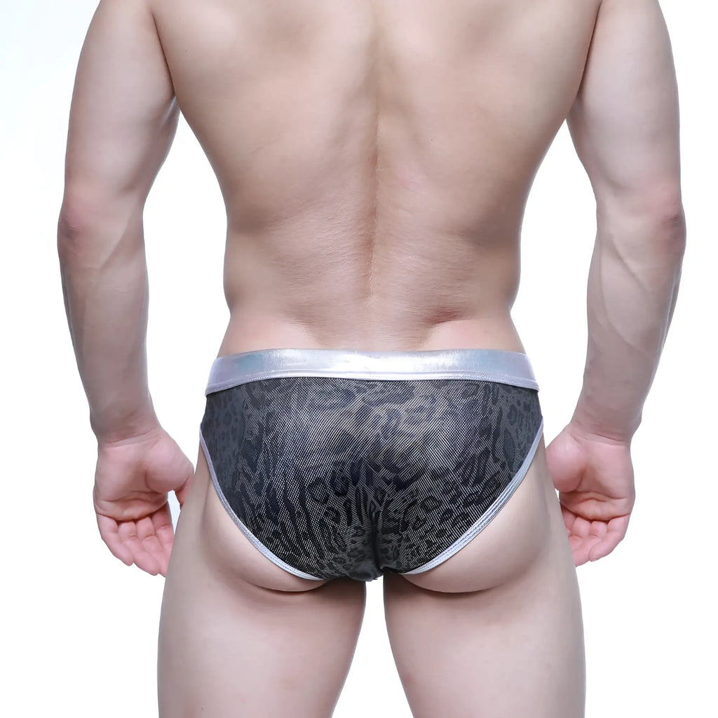 MetroMaleWear gloss bikini silver 2803-51 gray patterned briefs with metallic silver waistband and trim