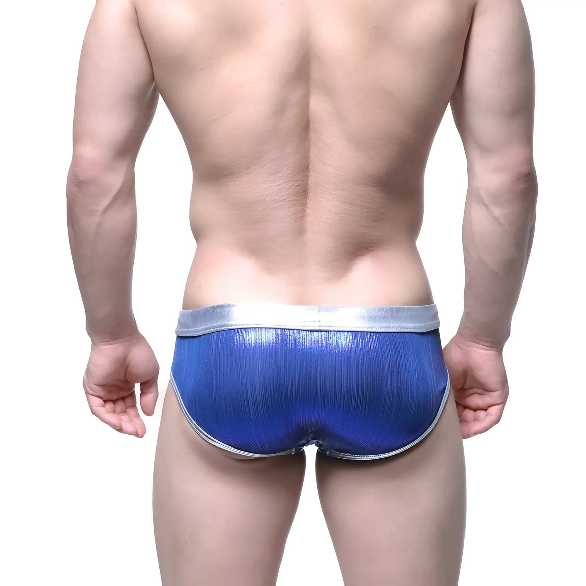Metro malewear gloss brief royal blue metallic briefs with silver waistband and trim in shiny fabric