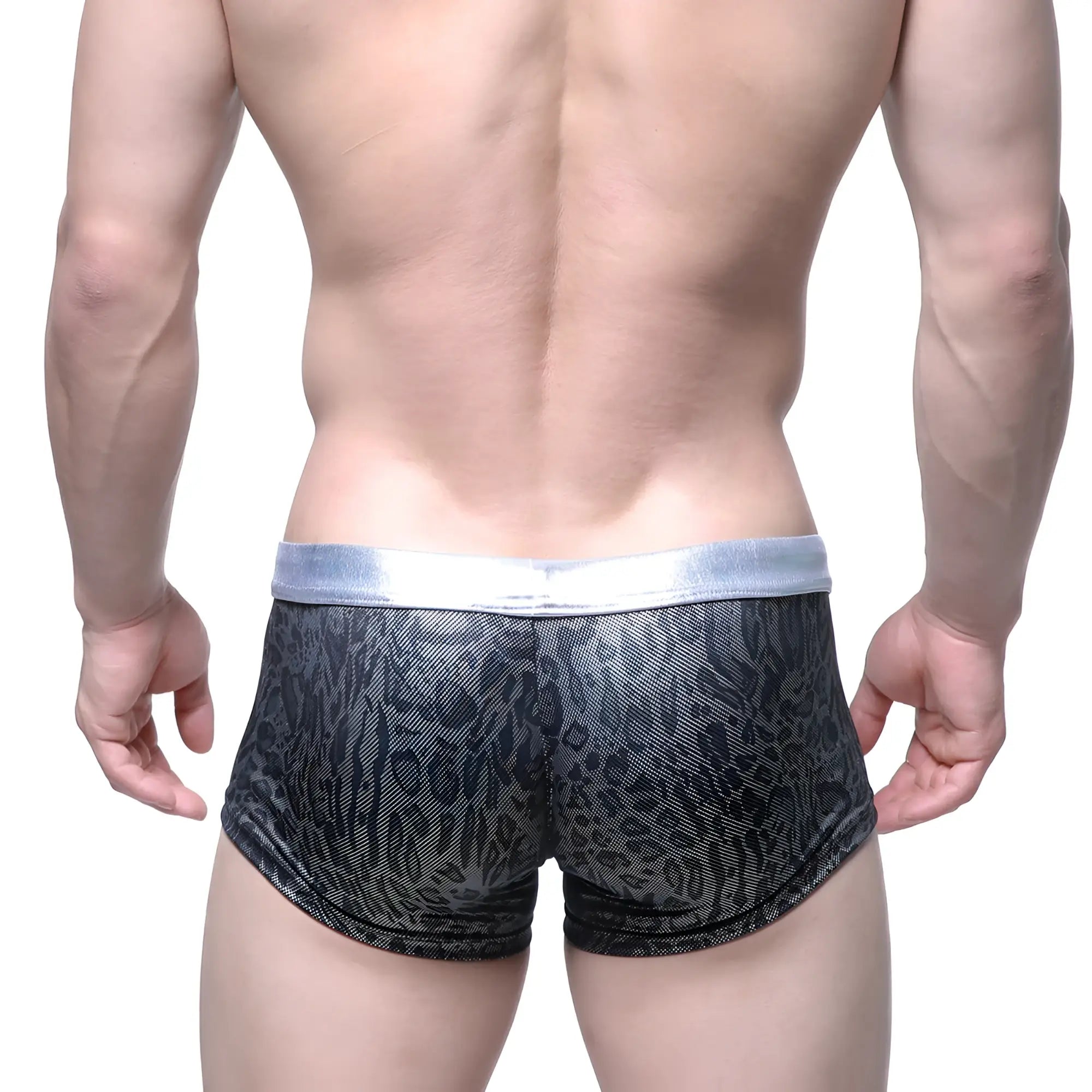 MetroMalewear gloss trunk silver 2026-79 black and gray leopard-print mesh briefs with shiny silver waistband
