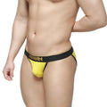 Bright yellow MetroMaleWear Goldmine Bikini 3004-80 athletic briefs with black waistband and gold lettering
