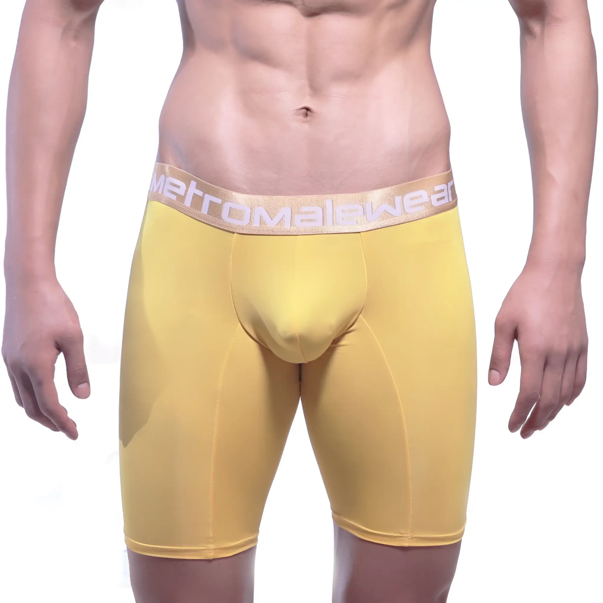 Yellow men’s compression briefs with a light beige elastic waistband featuring the metromale wear logo goldmine long short 2024-15