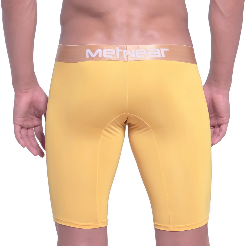 Yellow metgear men’s compression shorts with tan waistband and white lettering in MetroMaleWear Goldmine Long Short 15Inch 2024-15