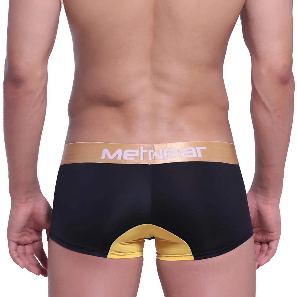Black and gold MetroMaleWear Goldmine short boxer 7 inch 2022-C20 showing back with a contrasting yellow panel
