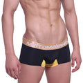 Black men’s briefs with gold waistband metromalewear logo and yellow leg accents metroMalewear goldmine short boxer