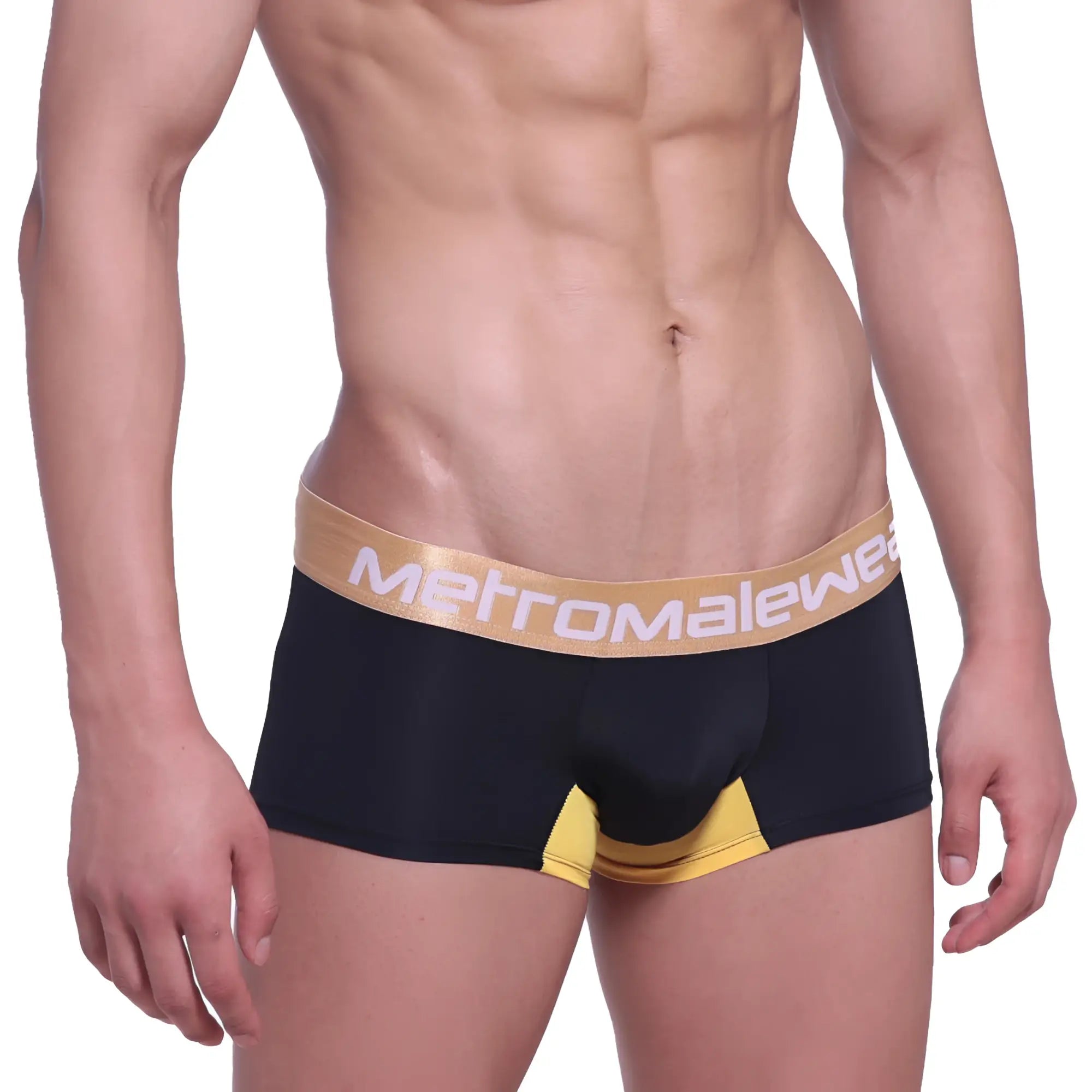 Black men’s briefs with gold waistband metromalewear logo and yellow leg accents metroMalewear goldmine short boxer