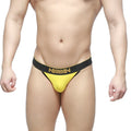 Bright yellow MetroMaleWear Goldmine thong 2912-80 with black waistband and gold lettering athletic briefs front view