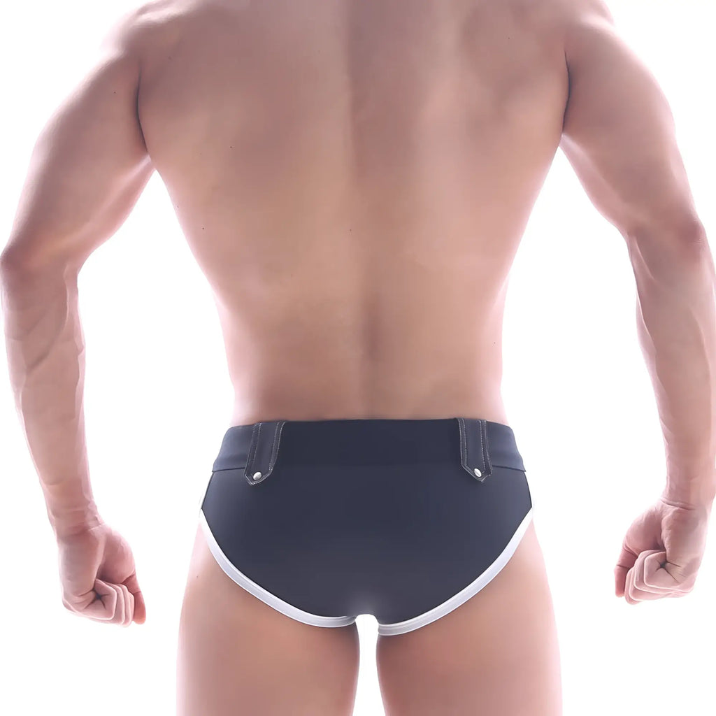 MetroMalewear gothic swim brief black with white trim and silver-toned belt loops for stylish swimwear