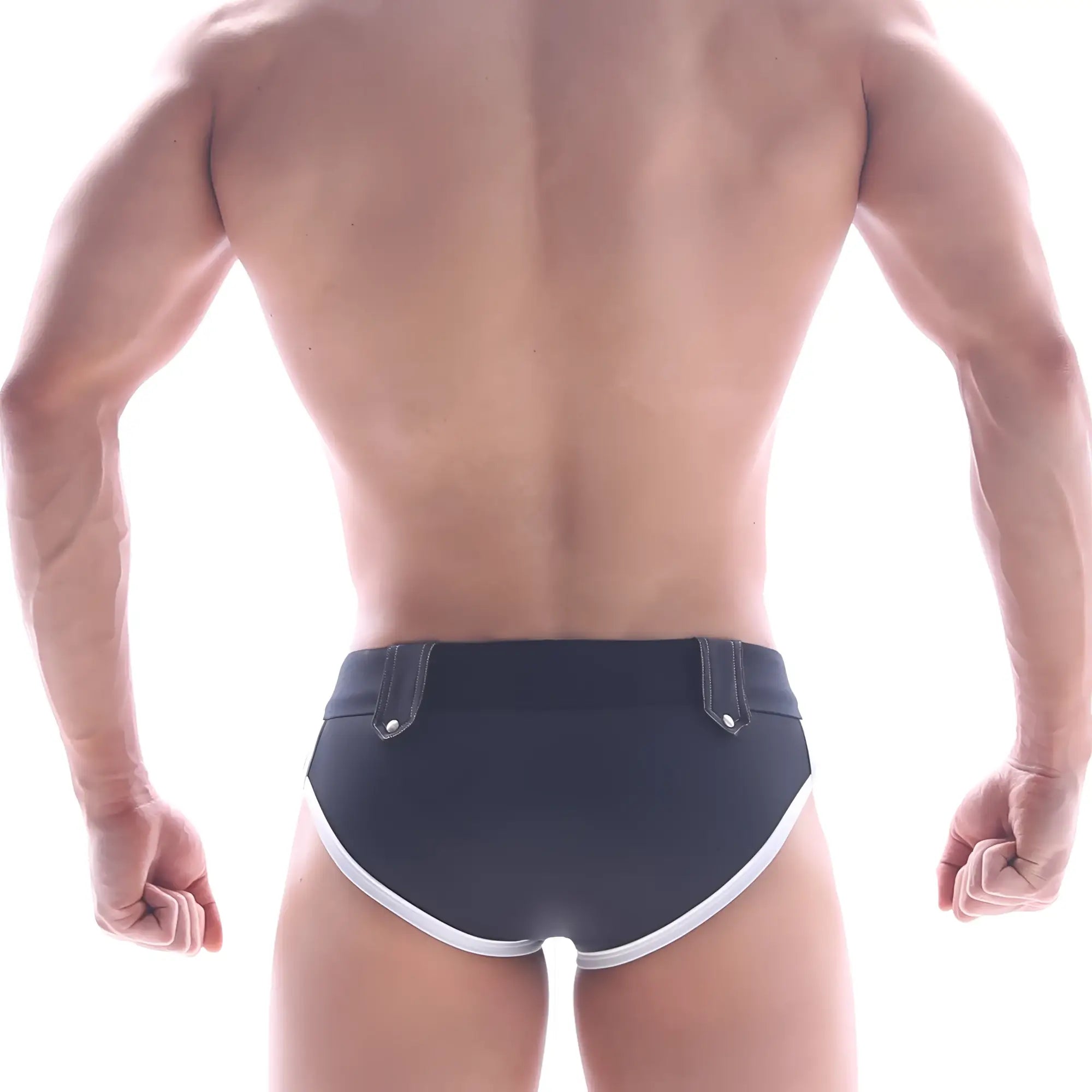 MetroMalewear gothic swim brief black with white trim and silver-toned belt loops for stylish swimwear