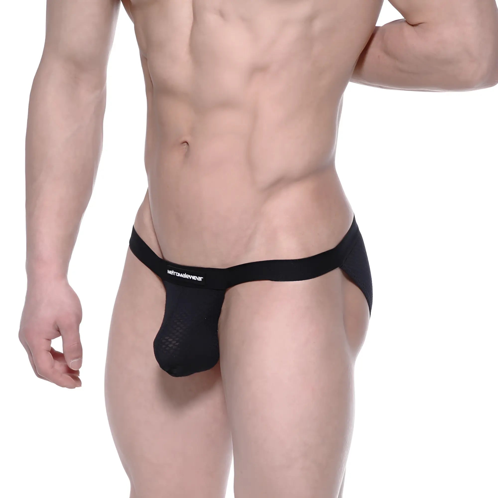 Metro male wear grabit bikini black mesh jockstrap with solid waistband and nerowear brand logo visible