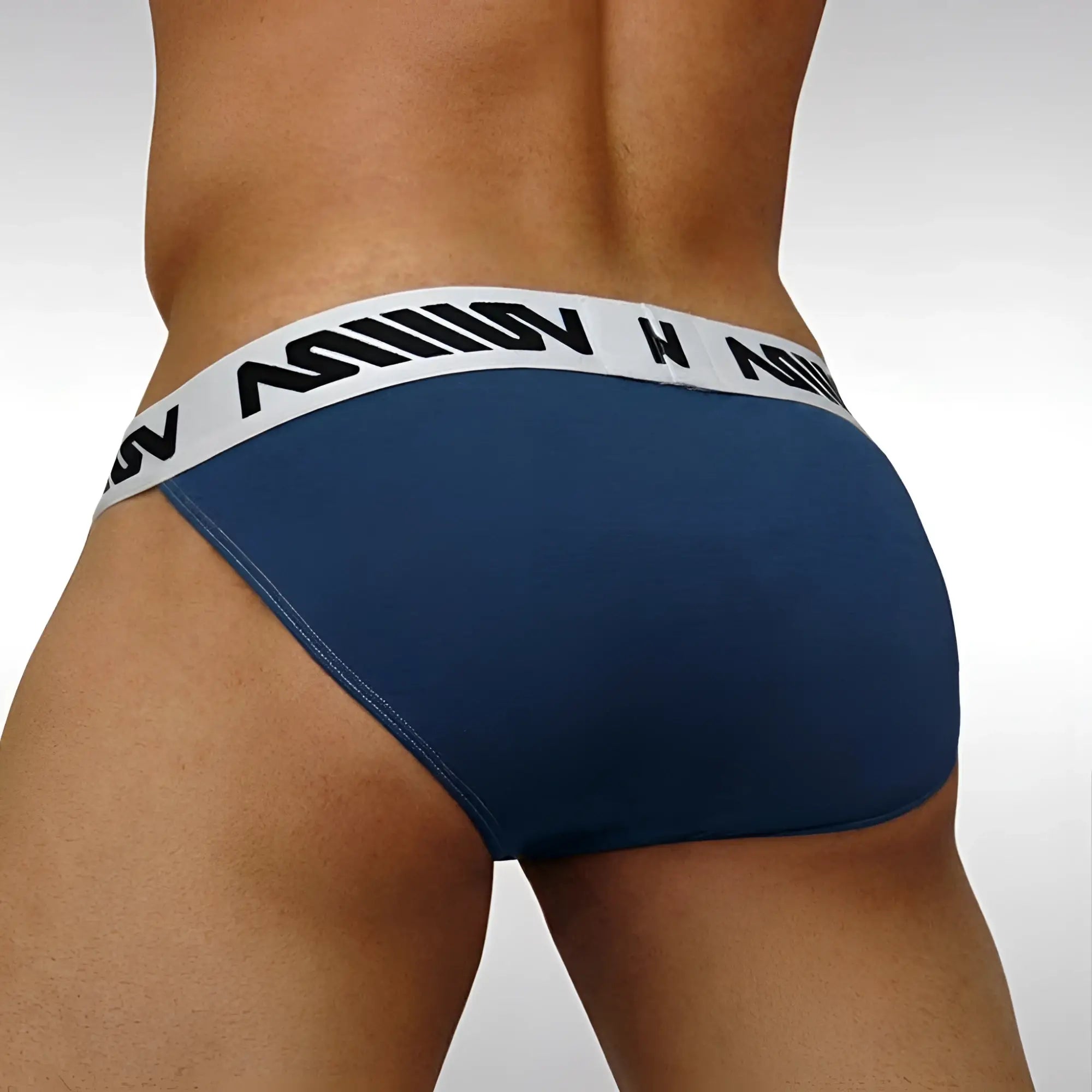 MetroMaleWear Grabit bikini briefs in navy blue with white elastic waistband and black lettering in dark blue 3105-28