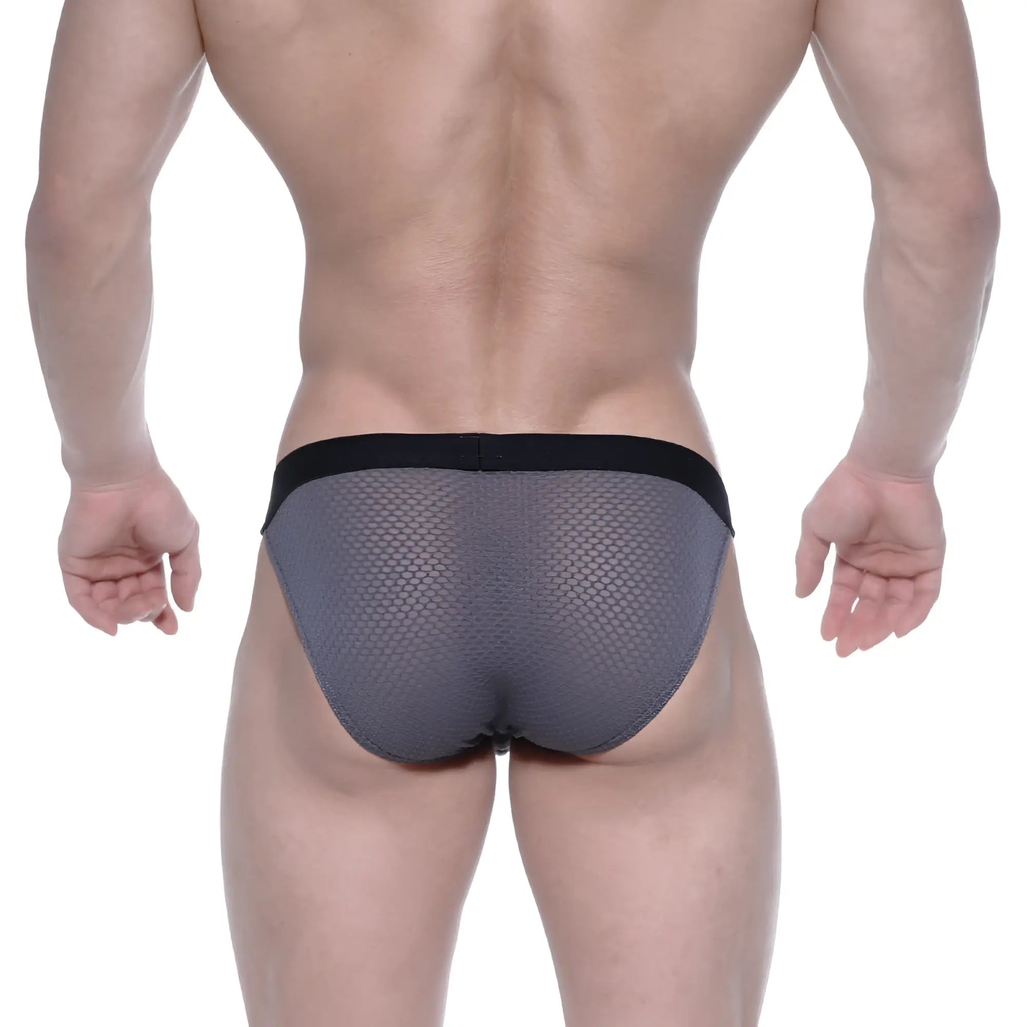 Gray mesh briefs with black elastic waistband from MetroMaleWear grabit bikini 3105-72 in front view