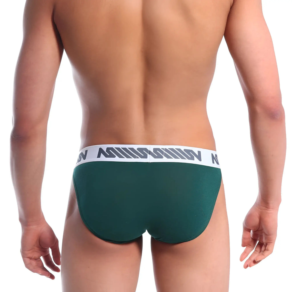 Dark green MetroMaleWear Grabit bikini briefs with white elastic waistband and gray logo pattern