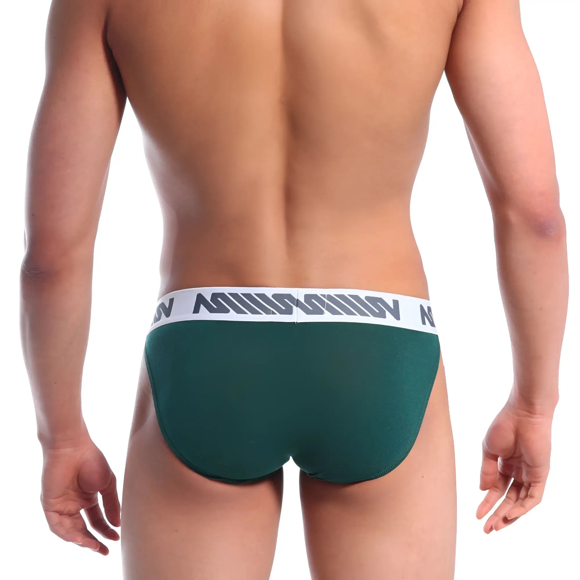 Dark green MetroMaleWear Grabit bikini briefs with white elastic waistband and gray logo pattern