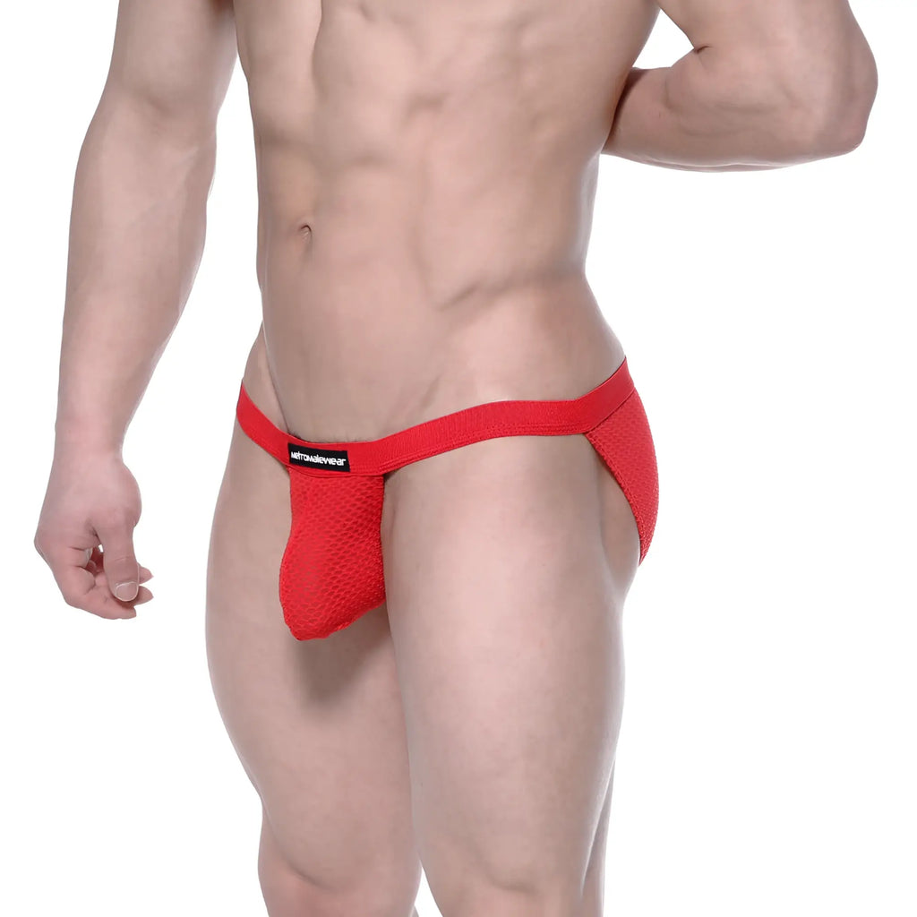 Red mesh jockstrap with black brand label from metromalewear grabit bikini 3105-73