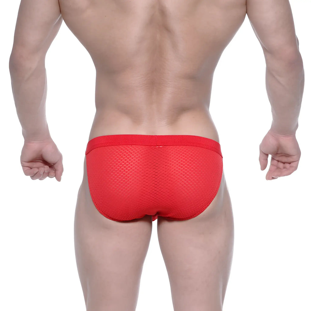 Metro male wear grabit bikini red mesh briefs with solid red waistband in breathable mesh fabric