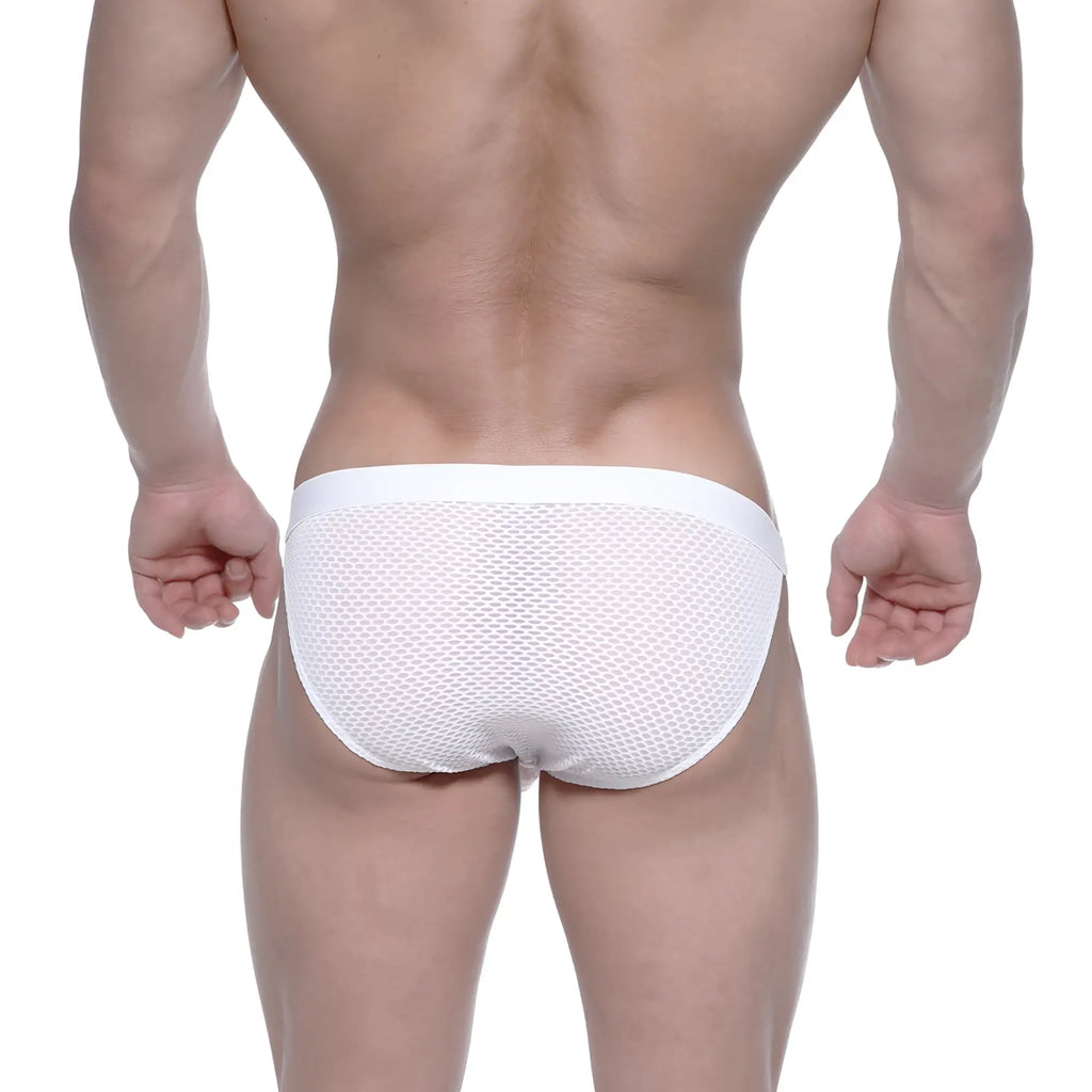 MetroMaleWear Grabit Bikini white mesh briefs with solid white waistband for breathable comfort and style