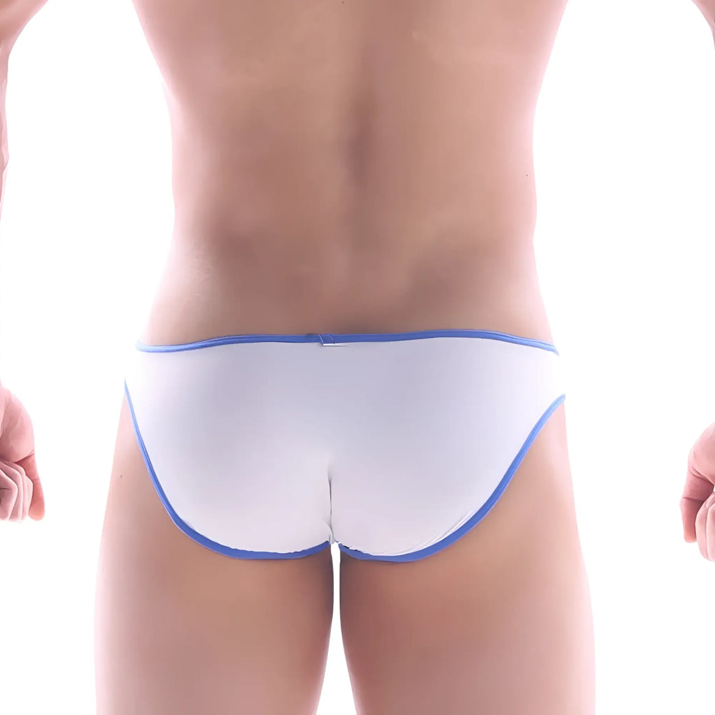 MetroMaleWear gram bikini white briefs with blue trim featuring comfortable cotton fabric for everyday wear