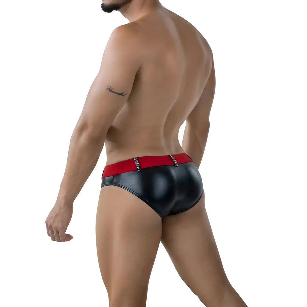Black patent leather swim briefs with red waistband and silver rhinestone detailing metro male wear gravity metal navy