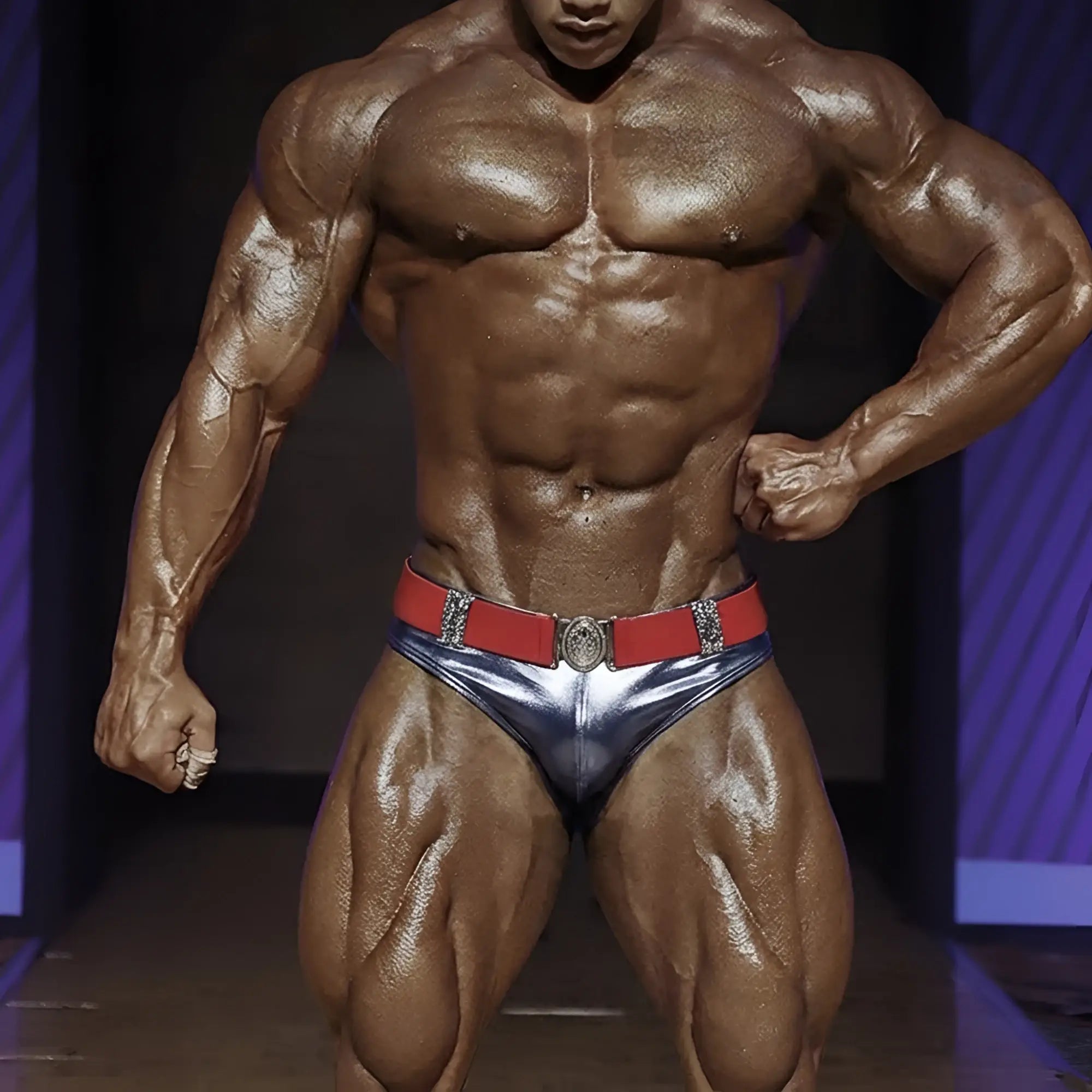 Shiny silver metallic swim briefs with red belt and decorative buckle from metromalewear gravity metal navy collection