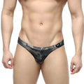 Metro male wear gray camo hip brief 5103-93 black and gray camouflage mesh fabric men’s thong shown from the back side