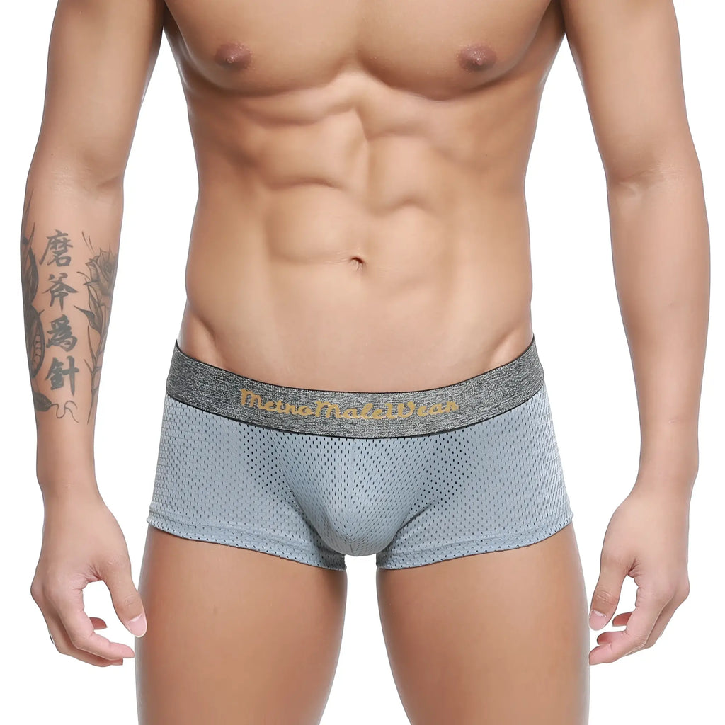 MetroMaleWear gray mesh trunk 2026-35 with textured waistband and gold lettering in breathable lightweight fabric