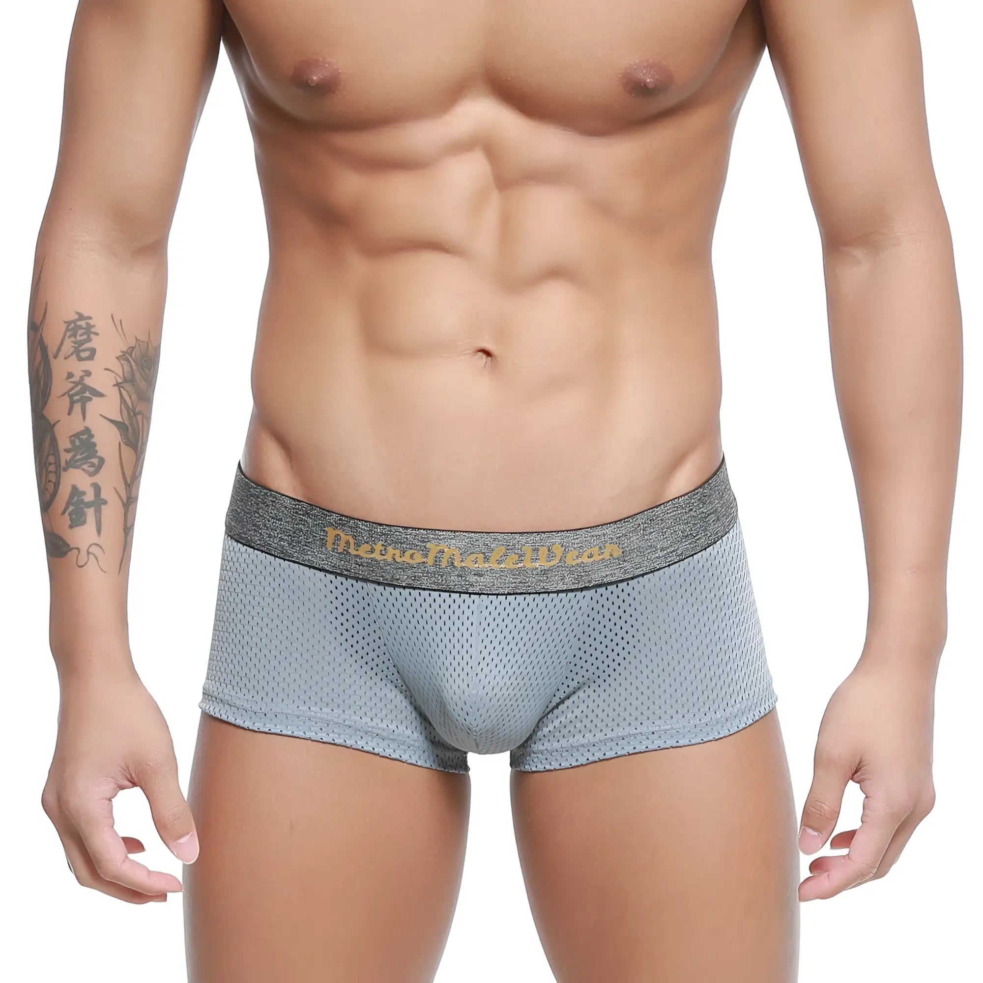 MetroMaleWear gray mesh trunk 2026-35 with textured waistband and gold lettering in breathable lightweight fabric