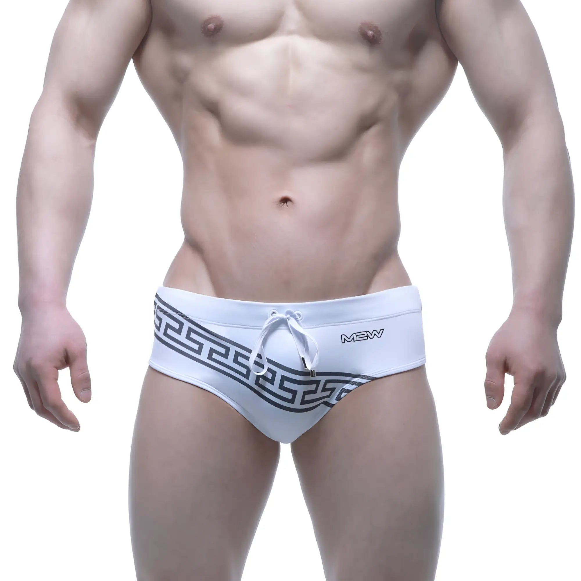 White MetroMaleWear Greek swim brief with black Greek key waistband and small mew logo on the side