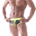 MetroMaleWear green camo split swim brief 4923-82 with neon green and camouflage pattern and matching drawstring waistband