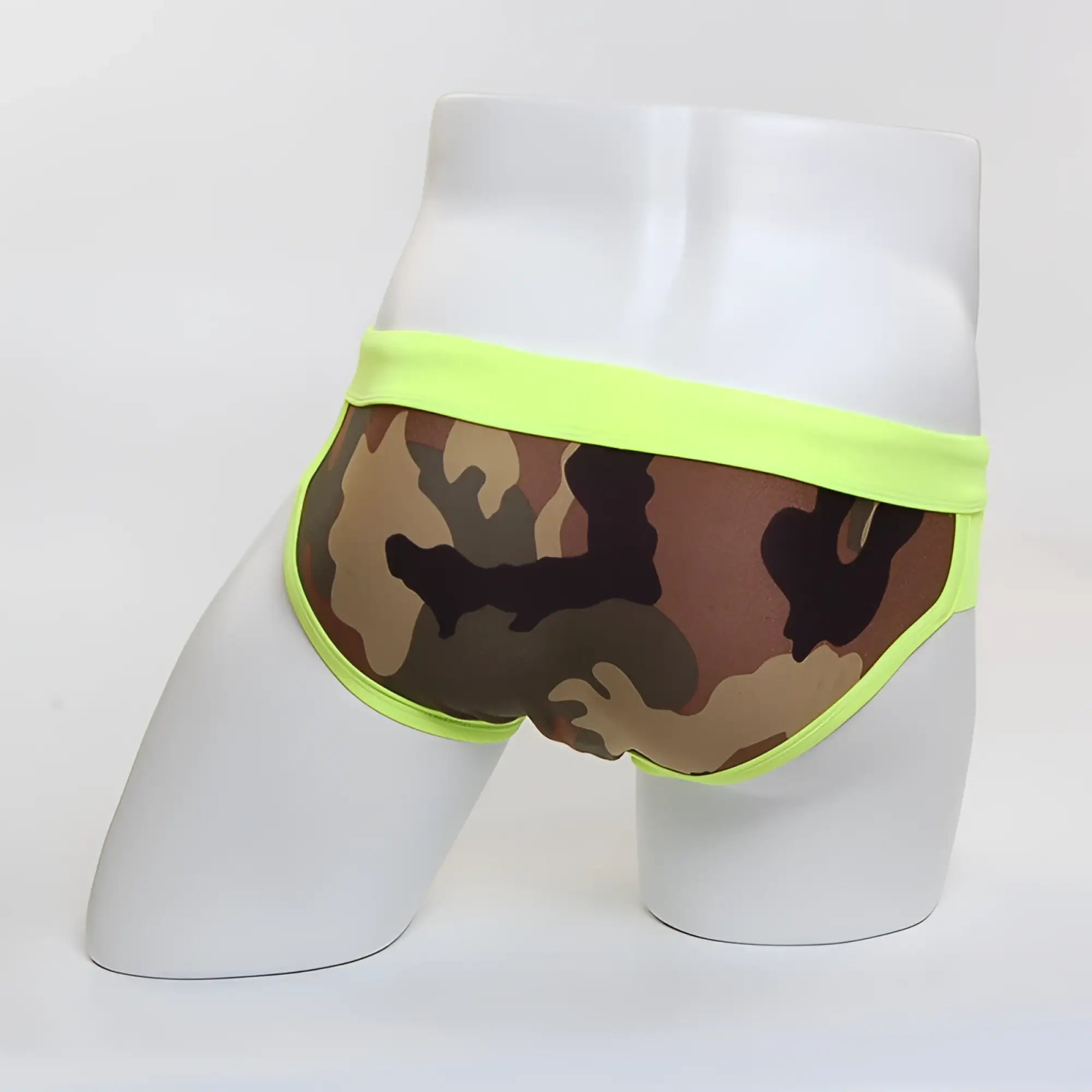 MetroMaleWear green camo split swim brief 4923-82 neon green trim camouflage men’s swimwear brief front view